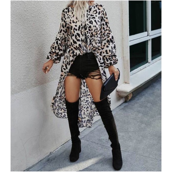 BellanBlue Tops - Leopard Print High Low Puff Sleeve Tunic Top